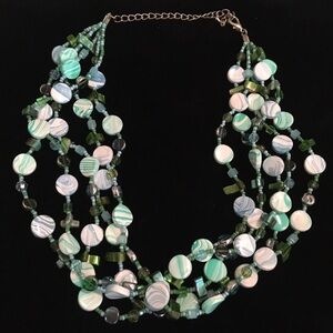 Vintage Green Blue and White Beaded Layered Necklace